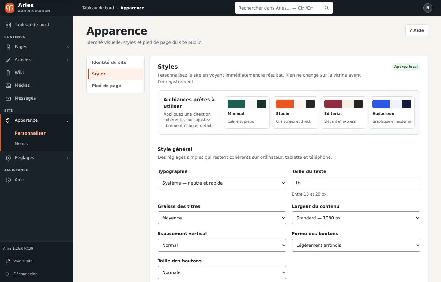 Aries appearance settings