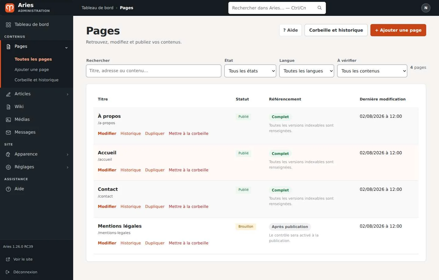 Aries page list