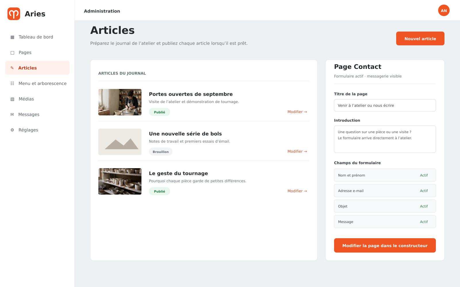 Articles, brouillons et réglages de la page Contact de l’Atelier Noroît dans Aries