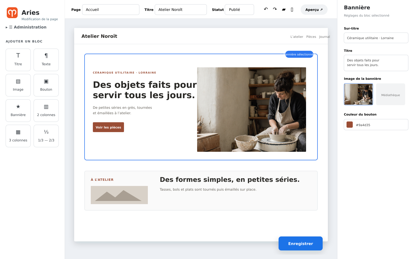 Création du site Atelier Noroît dans le constructeur de pages Aries