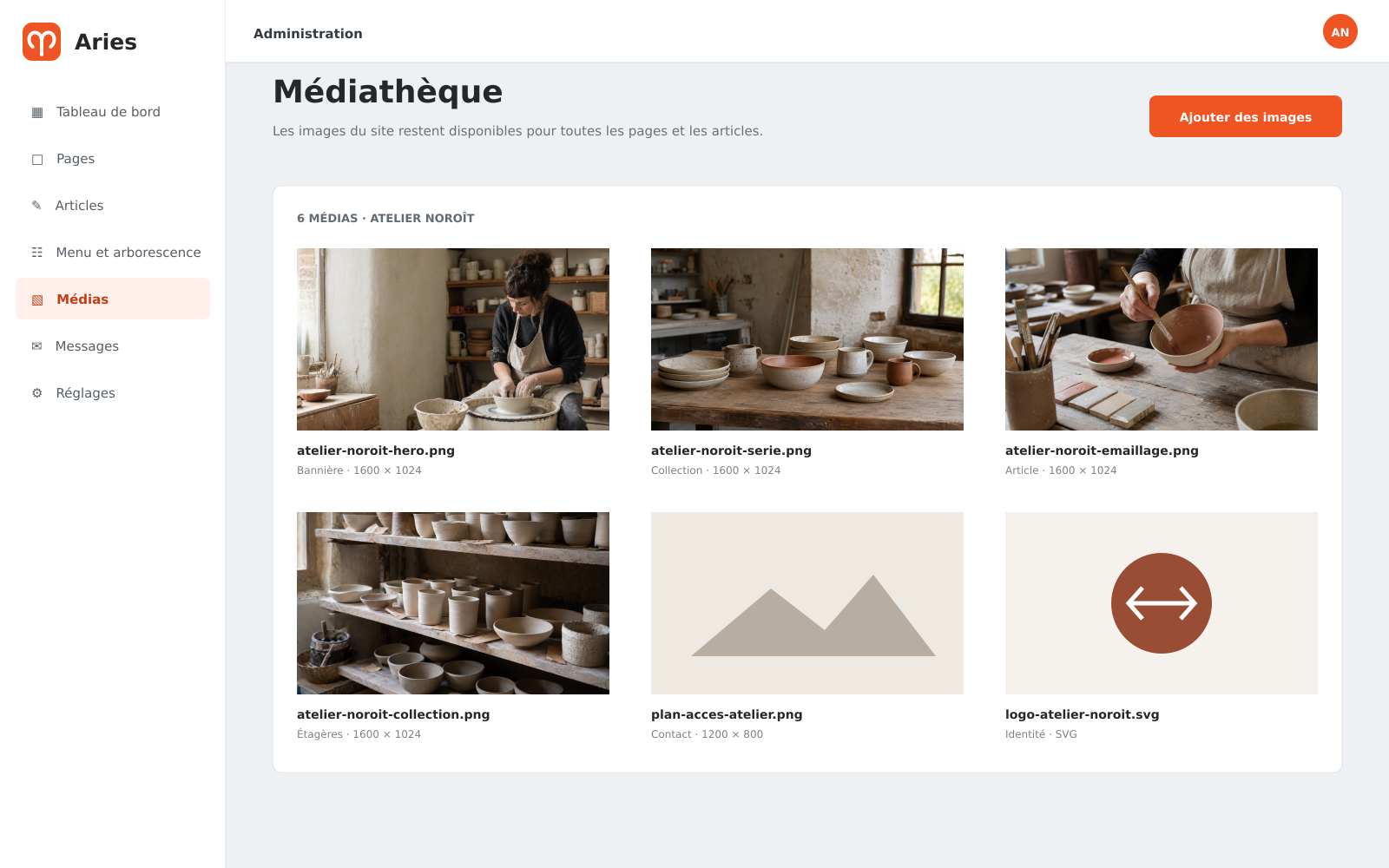 Médiathèque Aries contenant les photographies utilisées pour le site Atelier Noroît