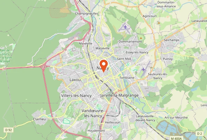 Carte centrée sur Nancy, France